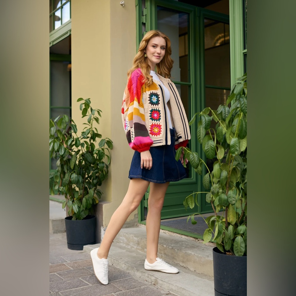 SAACHI Anthropologie Colorful Checkered Granny Square Cardigan Sweater